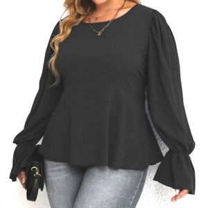 SHEIN Curve Black Tie Back Flounce Sleeves Blouse
